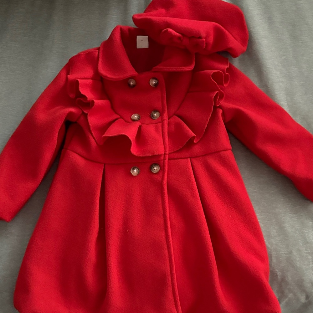 SHEIN Girls' Bright Red Double-Breasted Ruffle Pea Coat with Matching Hat